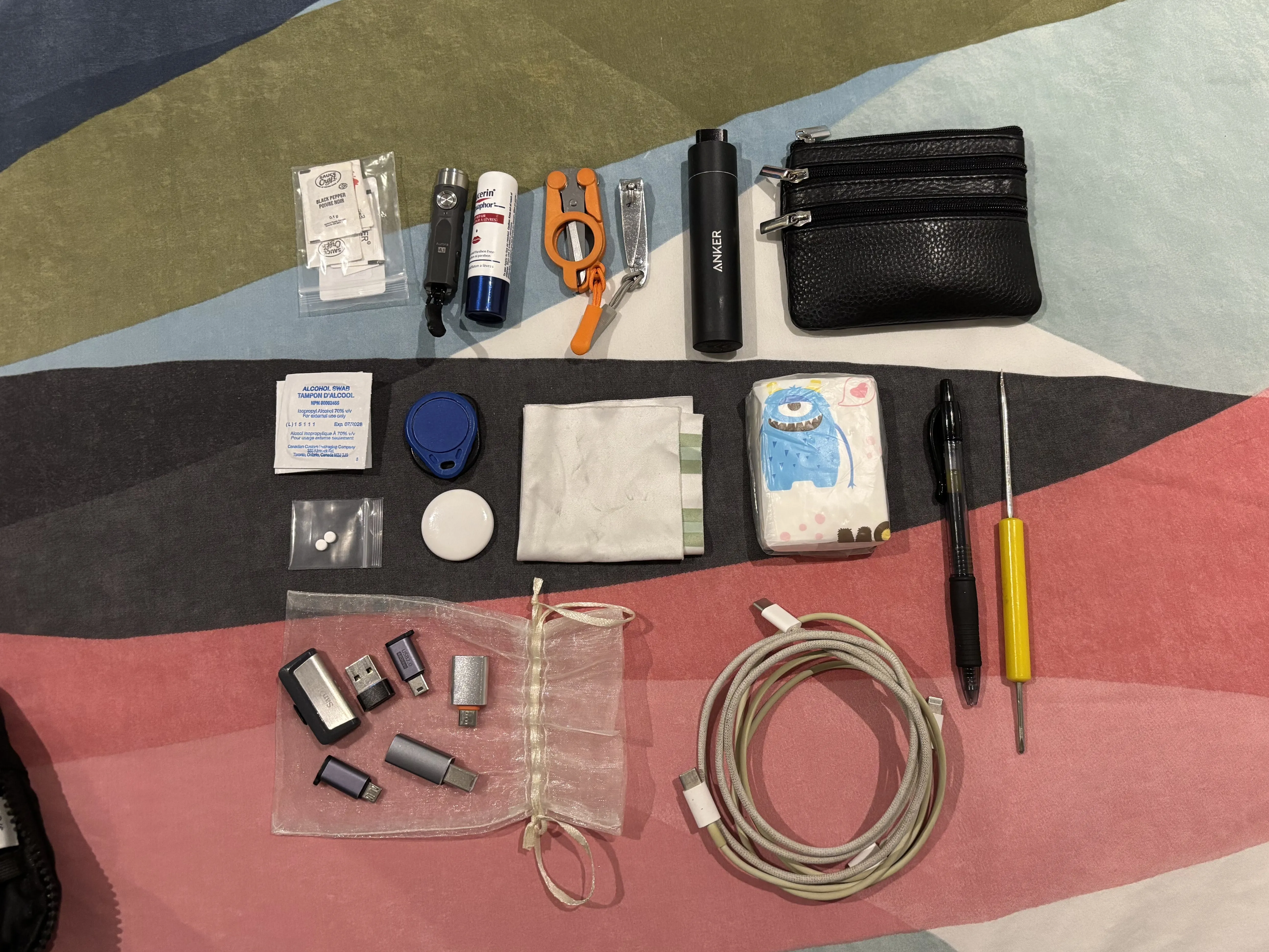 Photo of the items in my purse layed out in a neat fashion.