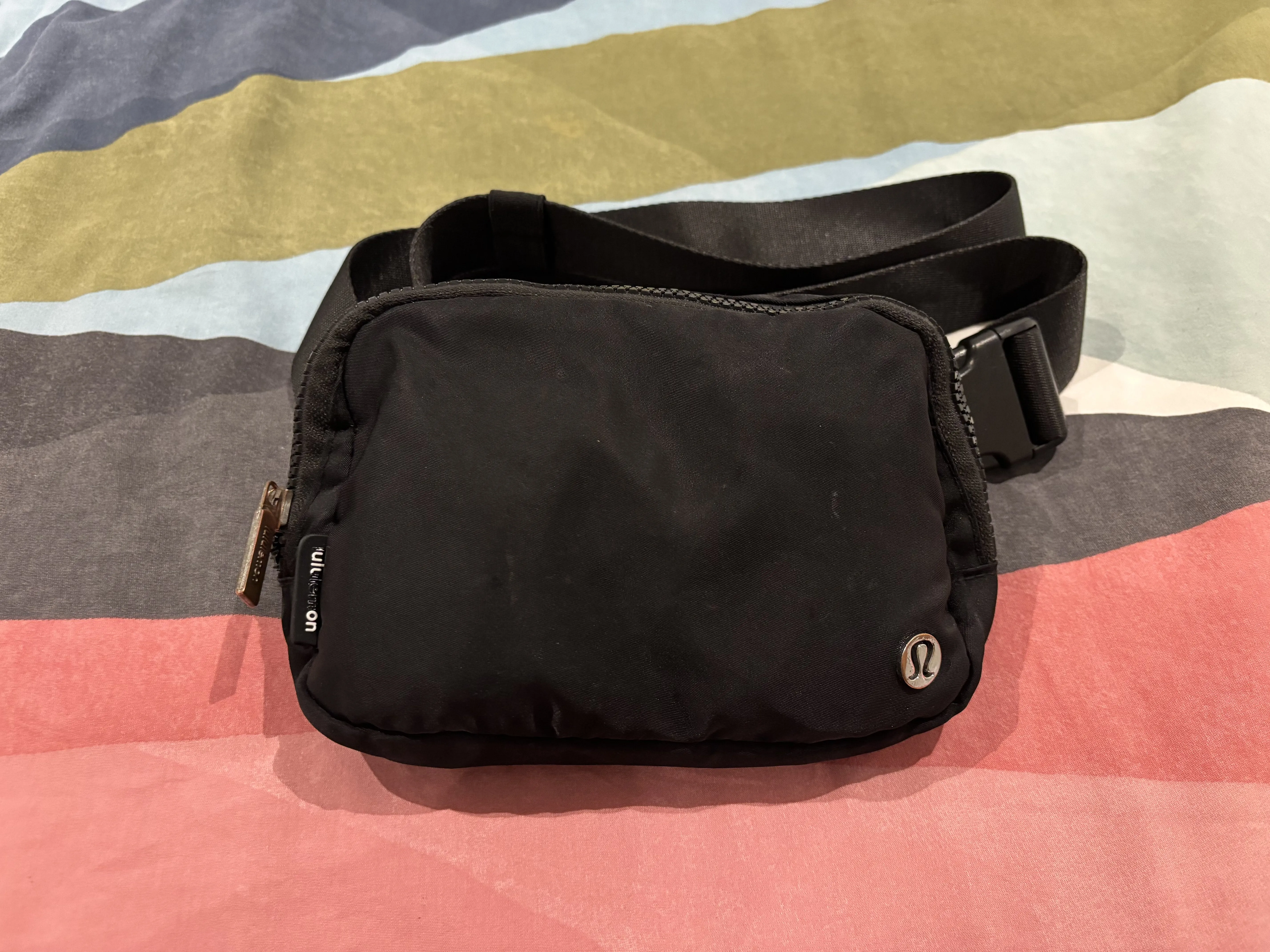Photo of the outside of my purse. The purse is black and roughly 19 cm by 13 cm. There is a zipper on the top half of the purse body. The purse strap is 3 cm thick and has a press-release buckle.