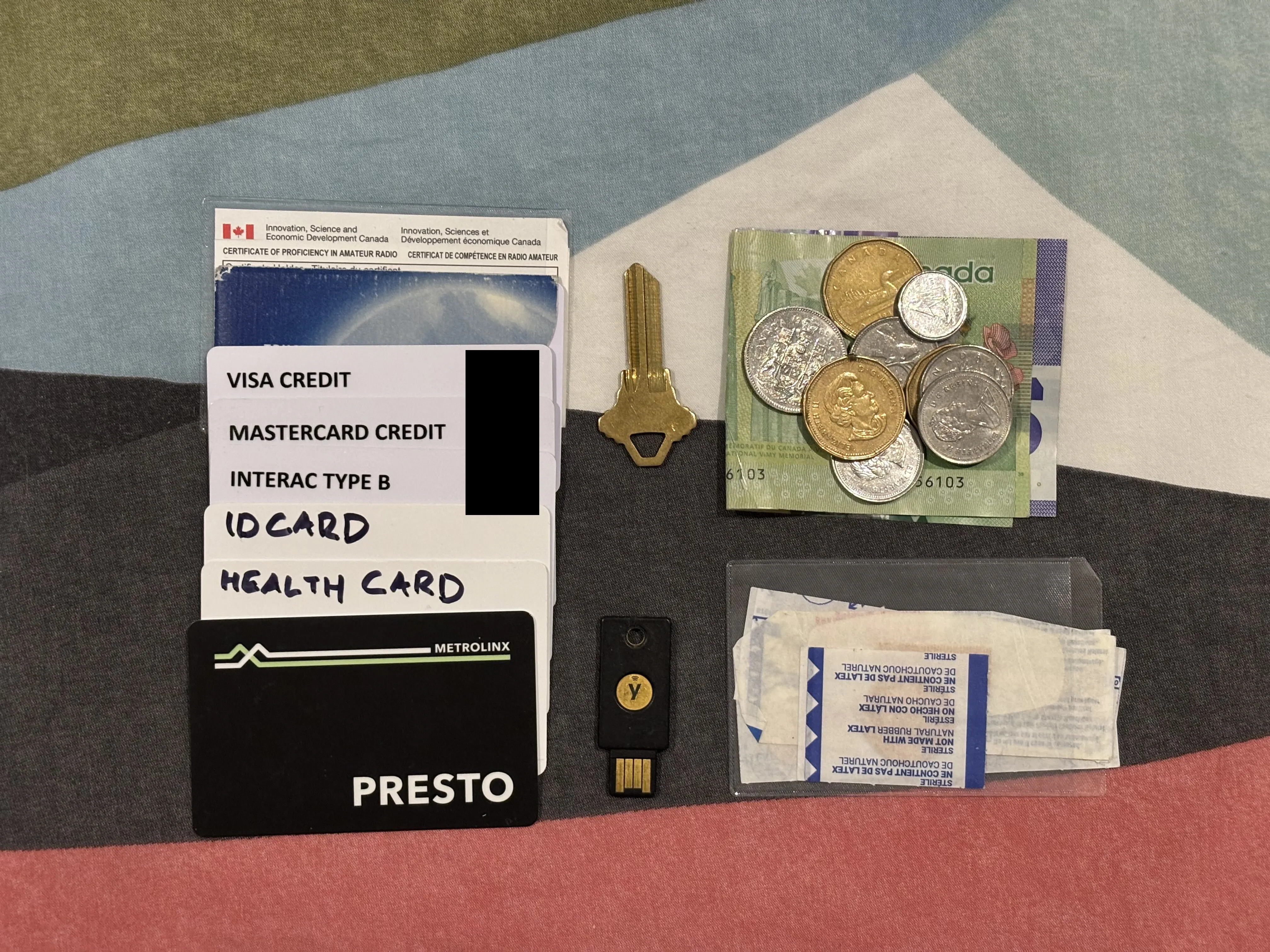 Photo of the items in my wallet wallet neatly layed out.