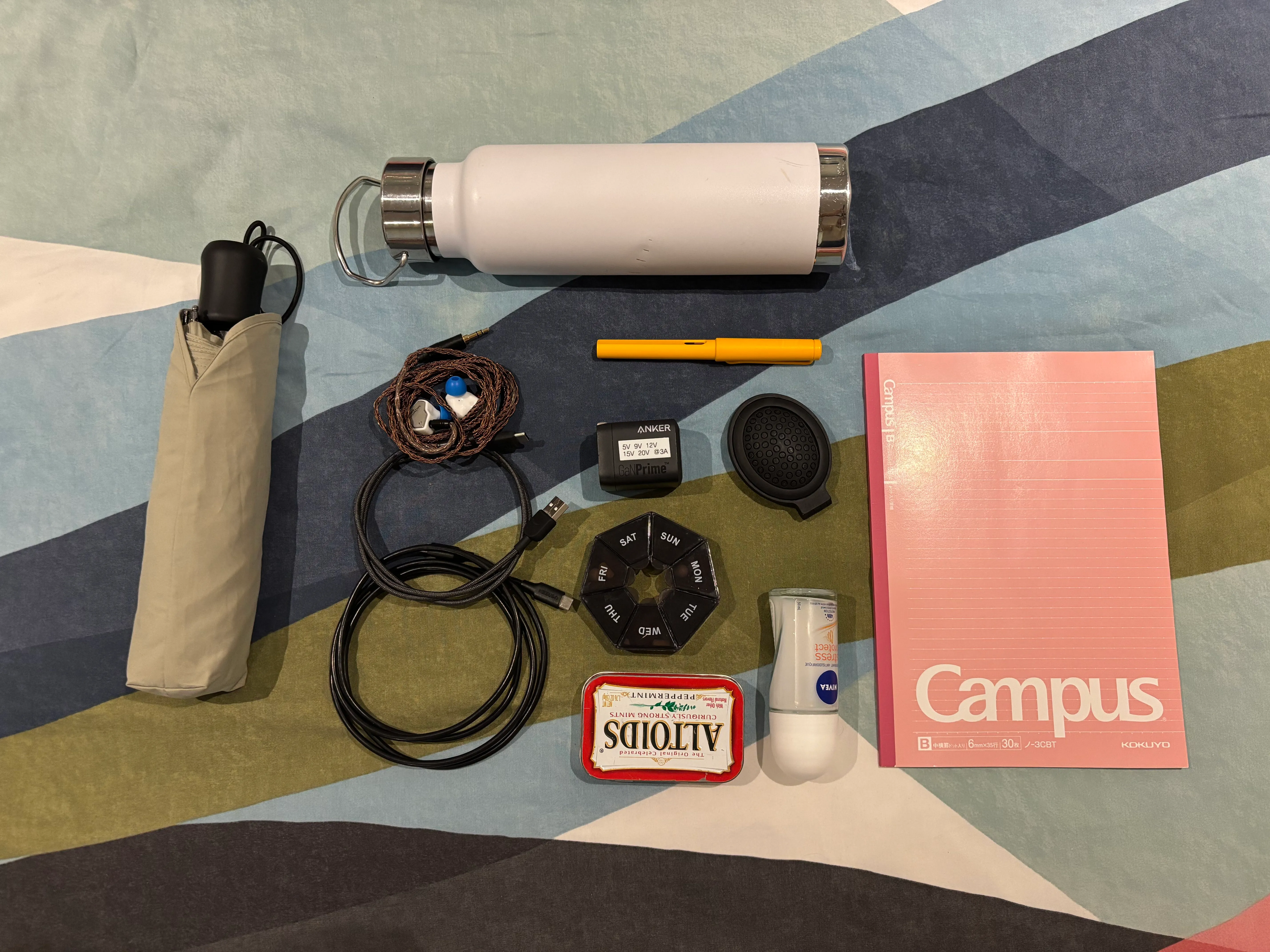 Photo of the contents of my backpack layed out neatly.
