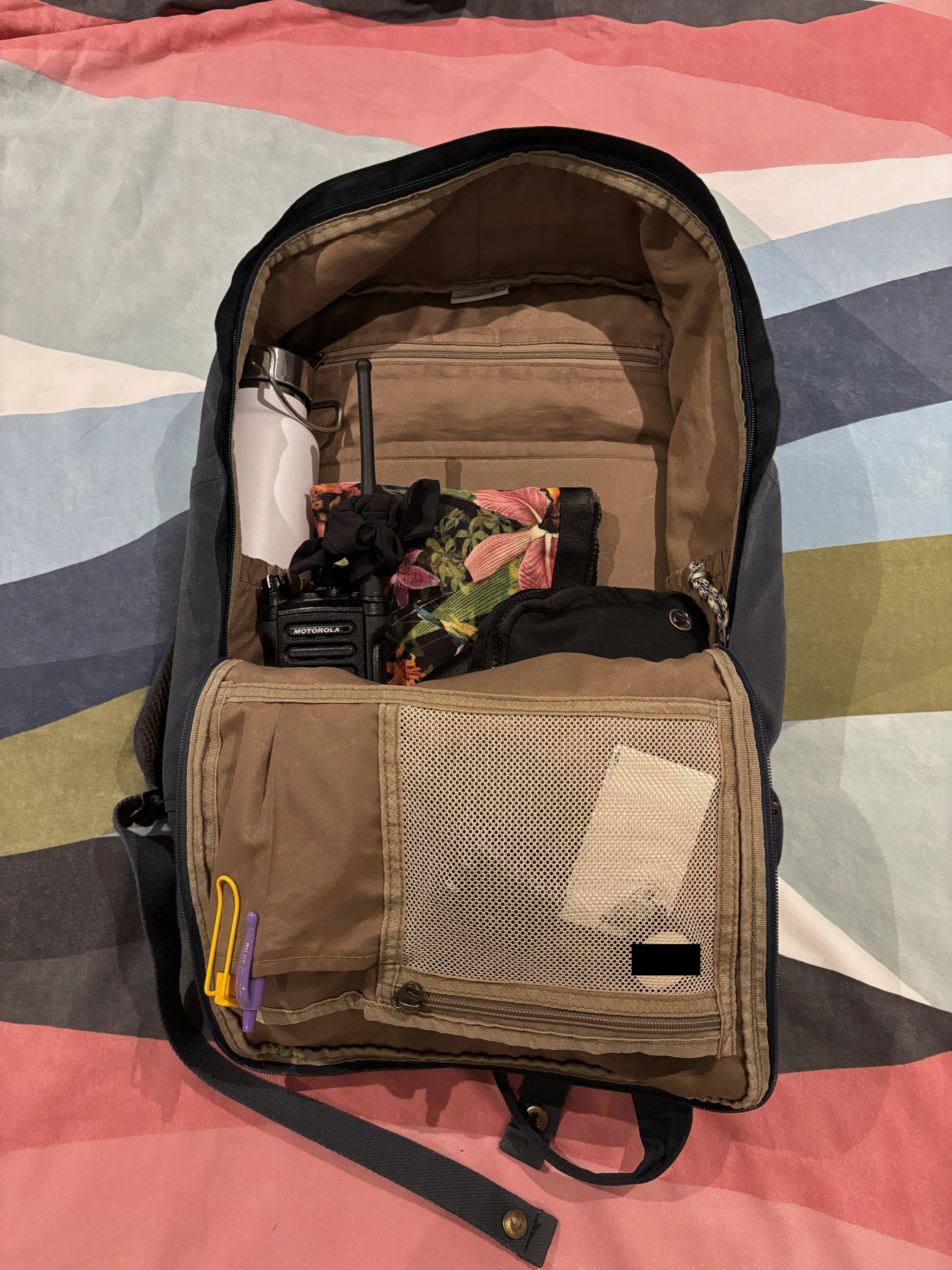 Photo of the inside of my backpack with the items placed in their appropriate compartments.