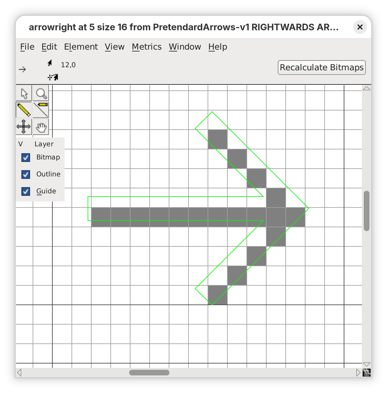 Screenshot of the right pointing arrow in the FontForge editor. A pixel grid appears behind the vector of the arrow. The grid is filled in with pixelated version of the arrow with clean lines
