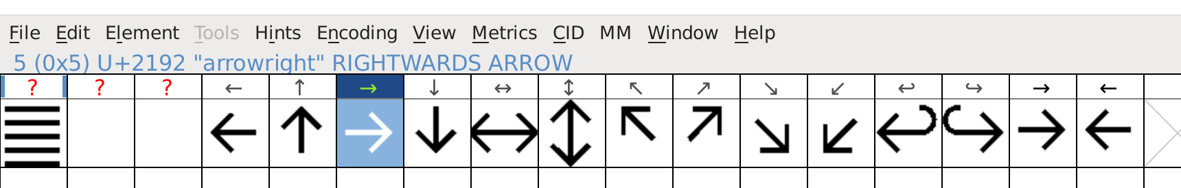 A screenshot of FontForge showing 14 arrow symbols from Pretendard