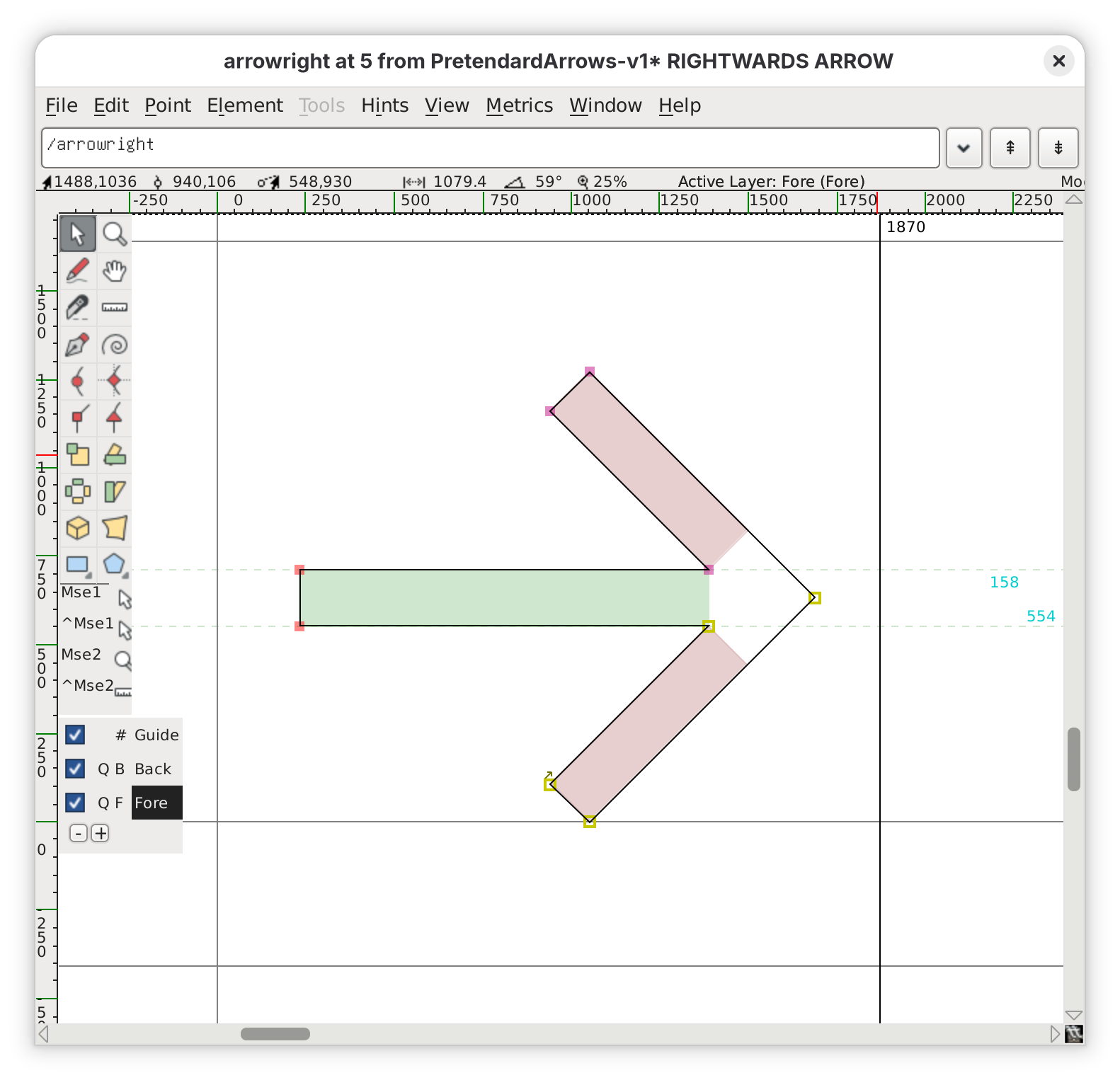 Screenshot of the right pointing arrow in the FontForge editor. A green box fills the space of the horizontal stem, and the chevron is filled with red rectangles. These are hints